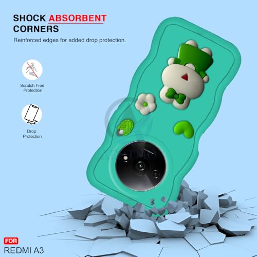 Image of AESTMO Back Case Cover for Redmi A3 | 3D Cute Fun Cartoon Characters | Anti Slip Grip Cute Wave Curly Frame Shape | Full Body Protection Back Cover for Redmi A3 |(Mint Green)