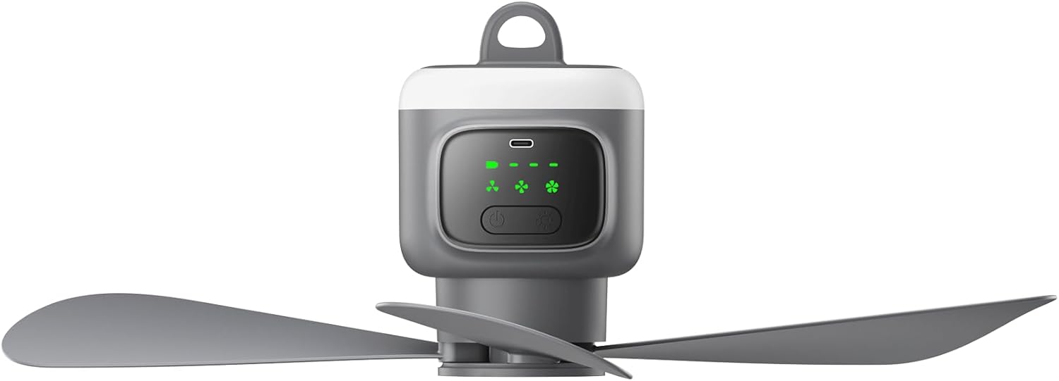 VVU&CCO 18' Portable Ceiling Fan with Light for Patio Canopy Tent Porch RV, 4 Speed Adjustment with Lighting, 8 Hours Timer & Use Time Up to 16H, 12000mAh Battery -operated Ceiling Fan