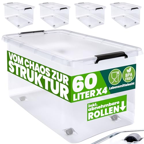 Deuba® Aufbewahrungsboxen 4 x 60l mit Deckel und Rollen, stapelbar, transparent Kunststoff BPA-frei Klickverschluss, RB60 für Büro, Garage, Waschraum