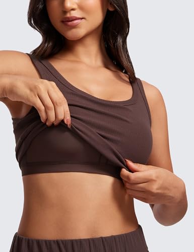 Image of CRZ YOGA Ribbed U Neck Crop Tank Tops | Medium Support, Removable Pads, Casual, Wide Straps, Longline Sports Bras for Women