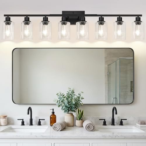 Image of Indoi 8-Light Bathroom Light Fixtures, Matte Black Modern Vanity Lights with Clear Glass Shades, Bathroom Wall Lamp for Mirror Living Room Cabinet Bedroom Porch