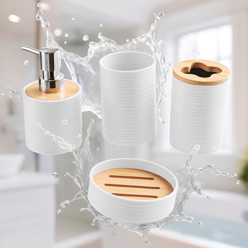 Image of Story@Home 4 Pieces Bathroom Accessories Set | Toothbrush Holder, Soap Dispenser, Mouth Wash Cup & Soap Dish for Home Kitchen & Bathroom | Bathroom Essentials for Office - Ash White