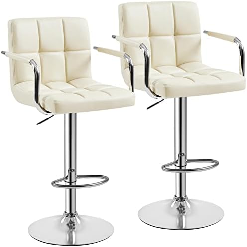Yaheetech Tall Bar Stools Set of 2 Modern Square PU Leather Adjustable BarStools Counter Height Stools with Arms and Back Bar Chairs 360° Swivel Stool, Beige