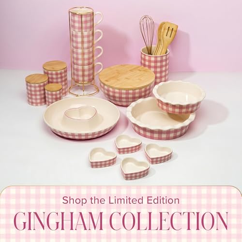 Image of Paris Hilton Serving Bowl with Bamboo Lid, Stoneware Salad Bowl with Pink Gingham Print Exterior, Lid Doubles as Cutting Board, 10-Cup, Pink