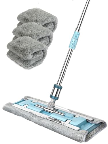 IQLER Bodenwischer, zuverlässiges Metalldrehgelenk, 360° drehbarer Wischmopp, teleskopischer Stahlstiel, Qualitätsklammern, 3 STK Mikrofaser, für Laminat, Fliesen und Sockelleisten (Silber)