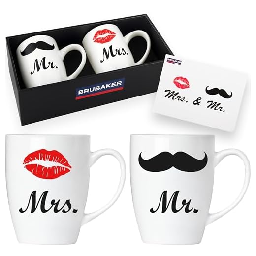 BRUBAKER Mr. & Mrs. Cups Set de Tazas de Café de Cerámica - 300 ml - Regalo de Boda con Tarjeta de Felicitación y Caja de Regalo