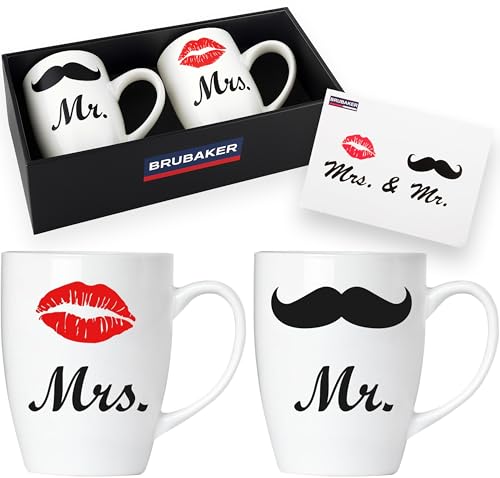 BRUBAKER Mr. & Mrs. Cups Set de Tasses à Café en Céramique - 300 ml - Cadeau de Mariage Avec Carte de Voeux et Boîte Cadeau