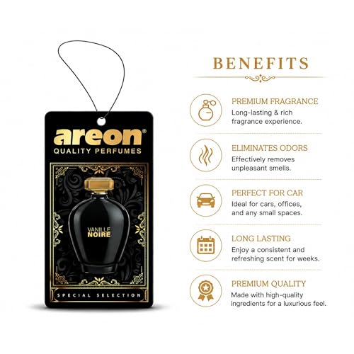 Image of AREON Luxury Vanille Noire SS06 Car Hanging Air Freshener - Premium Car Air Freshener, Long Lasting Hanging Fragrance, Elegant Vehicle Interior Scent for Odor Elimination - (Pack of 3)