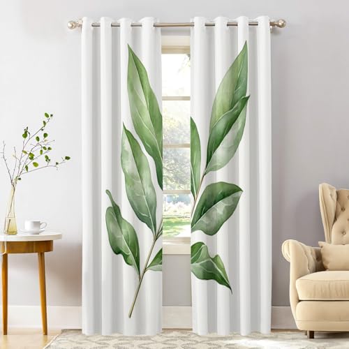 Shrahala Green Leaves Branch Thermal Insulated Blackout Window Curtains, Simple Watercolor Drawing Long Drapes for Bedroom/Living Room with Plastic Grommet, 52X84 Set of 2