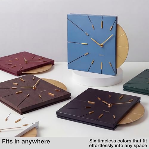 Image of Driini Blue and Gold Mid Century Modern Wall Clock, Battery Operated | Square MCM face with a minimalist midcentury look. Contemporary decorative analog design for kitchen, office or living room