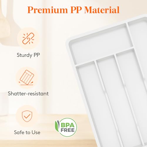 Lifewit Cutlery Drawer Organiser, Plastic Cutlery Tray for Kitchen, Utensil Flatware Silverware Holder Divider for Spoons Forks Knives Tableware, 5 Compartments, 24 x 34cm, White