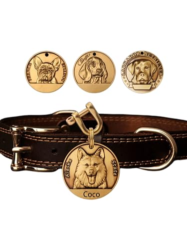 Collar de Cuero Personalizado para Mascotas, Collar de Perro de Cuero con Brida Personalizada con Placas de identificación de Cobre, Nombre de la Mascota Grabado y número de teléfono