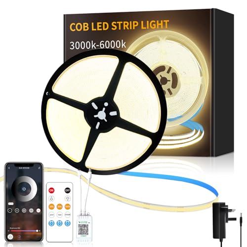 Yeewhale COB LED Strip Lights 3000K Warm White 10M 24V Dimmable LED Strip Kit, with Remote and app Control and UKCA Power Supply LED Tape Lights CRI90+,for DIY Home Decoration