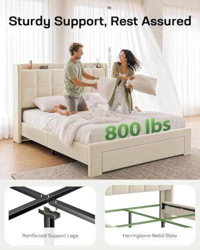 Marsail Queen Bed Frame with Storage Drawer,Queen Upholstered Bed Frame with Headboard,Wingback Bed Frame Charging Station Modern Queen Size Bedrame with Led Lights,Beige — view 6