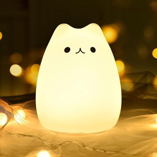 Image of Desidiya Cute Kitty Night Light for Kids, Rechargeable Silicone LED Lamp with Warm White & 7-Color Modes | Tap Control | Soft BPA-Free | Gift for Girls | Baby Toddler Bedroom Decor