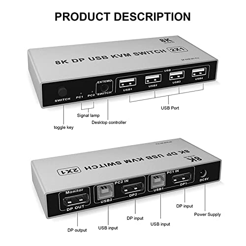 Image of DisplayPort Switch - Microware 8K 2 in 1 Out DP USB KVM Switch Box Keyboard Mouse Printer U Disk Switcher Include 2 USB Type-B Cable Support 8K@60Hz for Windows Mac