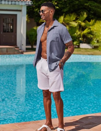 Image of COOFANDY Men's Button Down Shirts Short Sleeve Casual Shirts Summer Beach Linen Shirts with Pocket