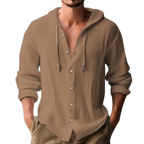 Chemise lin homme à capuche manches longues shirt d'été respirant et ample