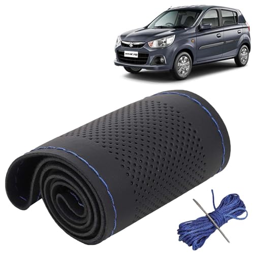 Image of KINGSWAY PU Leatherite Car Steering Cover Sewable Compatible with Maruti Suzuki Alto K10 (Year 2014-2022), Black Color with Blue Thread, Pack of 1 with Sewing Needle and Thread