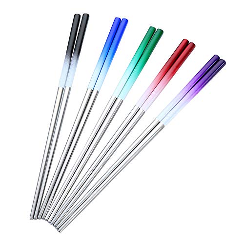 Hvanam Metal Stainless Steel Chopsticks,Multicolor Gradient Color Rainbow Chopsticks Reusable Dishwasher Safe 5 Pairs Gift Set,Long 9.25Inch Utensils