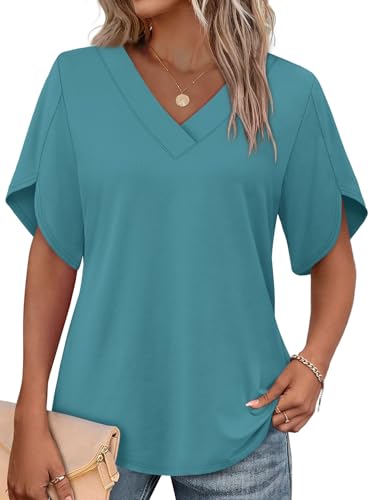 Image of WIHOLL Womens Summer Tops Short Petal Sleeve Shirts Fashion V Neck Womens Clothing