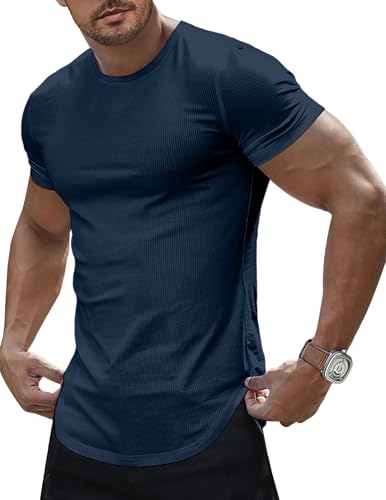 JMIERR Mens Short Sleeve T Shirt Muscle Slim Fitted Casual Henley Shirt Crewneck Summer Tees Shirts for Gym Workout Athletic, US 46(XL), Blue