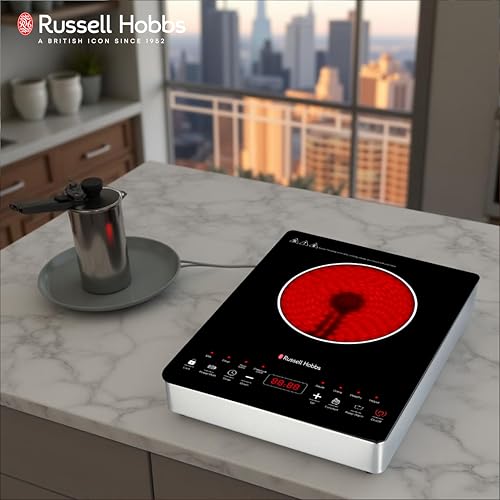Image of Russell Hobbs 2000W Infrared Cooker with Digital Touch Control | LED Power Display, 8 Heat Levels up to 600C | 24-Hour Preset Timer & Safe Crystal Glass Surface, Overheat Protection | RAPIDO2000