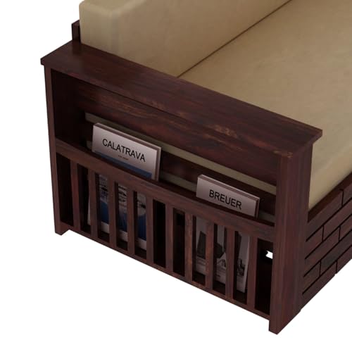 Image of Amazon Brand - Solimo Sheesham Wood Italian 3 Seater Sofa Cum Bed with Drawer and Side Pocket Storage | Wooden Bed with Cushion | Multipurpose Sofa Furniture for Home & Living Room (Walnut Finish)