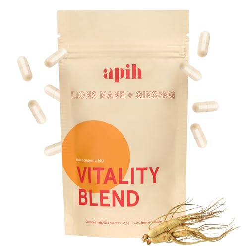 Melena de Leon + Ginseng + Ginkgo Biloba + Bacopa Monnieri + Ashwagandha + Vitamina C + Vitamina B6 | Energía, Claridad Mental y Sistema Inmune | 60 Cápsulas Nootropicos Memoria y Concentracion | Apih
