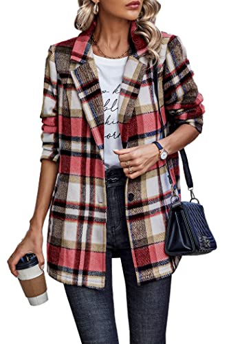 PRETTYGARDEN Women Plaid Shacket Jacket Trendy Fall Casual Button Wool Blend Tartan Trench Coat Winter Clothing with Pockets