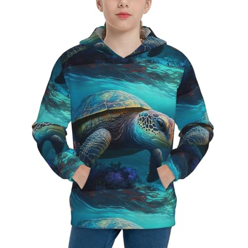 Green Turtle in Sea Water2 Kids Pullover Hoodies Boys Sweatshirts Girls Athletic Clothes with Pocket