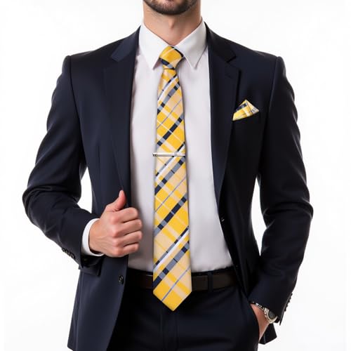 Image of DiBanGu Plaid Ties for Men Silk Checkered Necktie and Pocket Square Cufflinks Tie Clip Set with Gift Box for Wedding Business