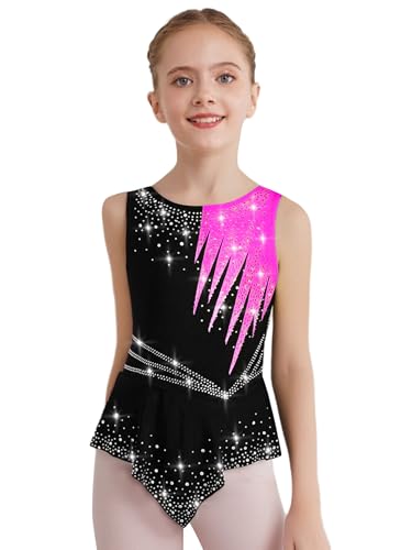 CHICTRY Body Kinder Akrobatik Mädchen Eiskunstlauf Anzug Strass Glitzer Gymnastiktrikot Ärmellos Leotard Farbblock Patchwork Tanzanzug Hot Pink 158-164