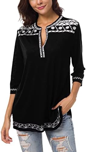 Women's 3/4 Sleeve Boho Shirts Embroidered Peasant Top (2XL, Black)