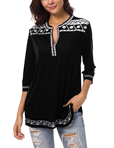 Women's 3/4 Sleeve Boho Shirts Embroidered Peasant Top (2Xl, Black) #TOP16