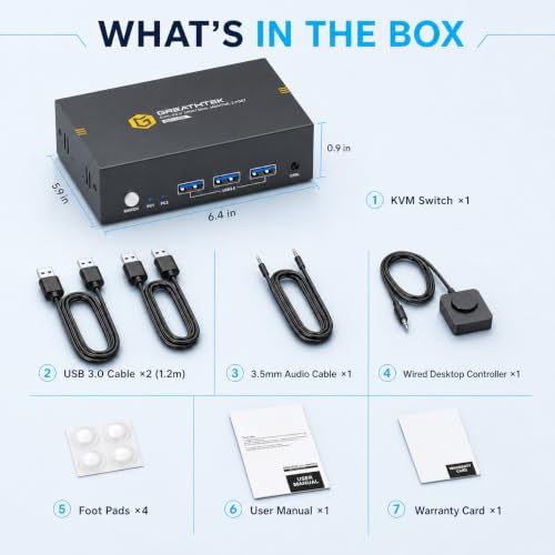 Image of GREATHTEK 8K@60Hz HDMI KVM Switch 2 Monitors 2 Computers | 4K 240Hz Dual Monitor Switch|3 USB 3.0 Ports| EDID| Wired Remote| Extended and Mirror Display