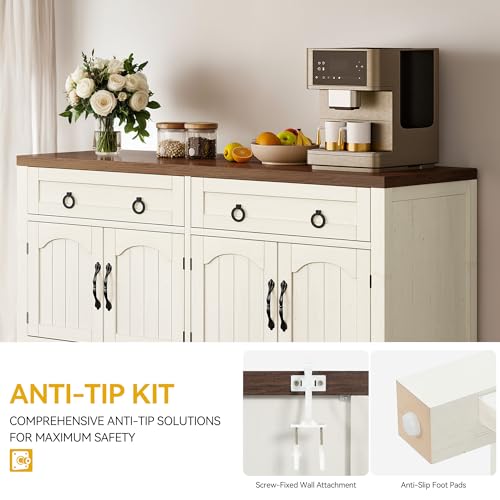 DWVO 47.2" Buffet Sideboard Cabinet with Storage, Farmhouse Coffee Bar Cabinet w/2 Drawers, Wood 4-Doors Console Table with Adjustable Shelves for Kitchen, Dining Room, Living Room, Entryway (White)