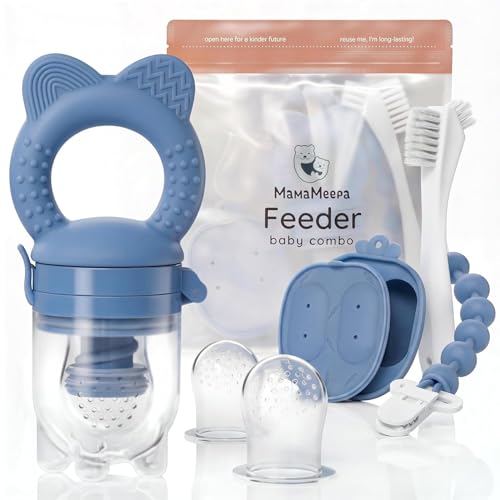 MAMAMEEPA Baby Fruit Feeder & Popsicle Molds Set Baby Food Feeder Nibbler Breastmilk Popsicle Molds Grip Handle Safety Strap & Cleaning Brush Feeding Essentials 612 Months (Blue)