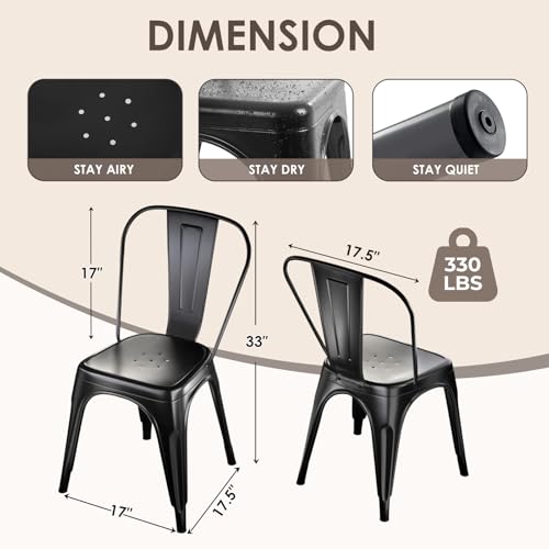 Image of Metal Dining Chairs with Back, Stackable, Midnight Black, 6 Pack | Easy Assembly, Non-Slip Feet, 330 lb Capacity, Kitchen, Restaurant, Cafe, Pub, Covered Patio
