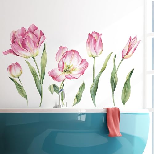 2 Sheets Pink Flowers Wall Decals Large Tulip Flower Wall Stickers Garden Floral Green Leaf Plant Vinyl DIY Removable Wall Decor for Baby Girls Bedroom Living Room Nursery Home Decoration
