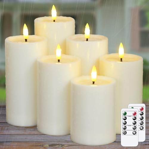 Image of Yeelida Outdoor 6pcs Flameless Waterproof Candles with Handy Remote Control, Cycle Timer Battery Operated Candle Grease Effect LED Flickering Pillar Plastic Long Lasting (Ivory, 3 inch x4 inch 5 inch 5 inch 6 inch 6 inch 7 inch)