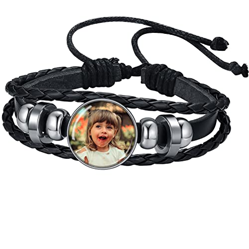 U7 Personalized Picture Bangle Custom Photo Charm Black Braided Leather Bracelet For Men Women #TOP8