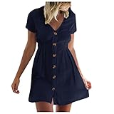 KissYou Damenkleider Sommer Solid Bohemian V-Ausschnitt Button Down Beach Party Minikleid(#04,XXL)