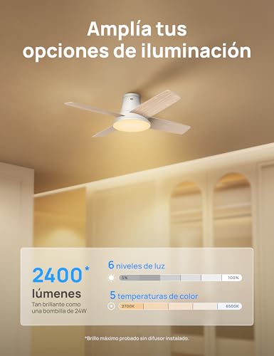 Dreo ventilador de techo silencioso con lámpara LED, 112 cm, reversible, 5CCT, 6 velocidades, fácil de instalar, temporizador, montaje en superficie, control remoto, Blanco - imagen 7