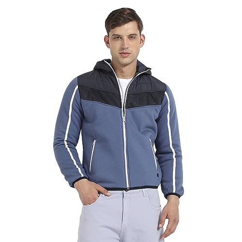 Image of CAHOOT Men's Prussian Blue Contrast Panel Puffer Jacket With Insert Pocket For Casual Wear | Hood Neck | Long Sleeve | Zip Closure | Polyester Jacket Crafted With Comfort Fit For Regular Wear