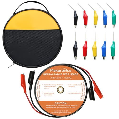 Image of Makeronics 2 Wires 30FT 18AWG Retractable Test Leads with Cable Bag Dual Ended Electrical Alligator Clips Test Probe Lead Wire Cables for Circuit Connection /Electrical Testing and Troubleshooting