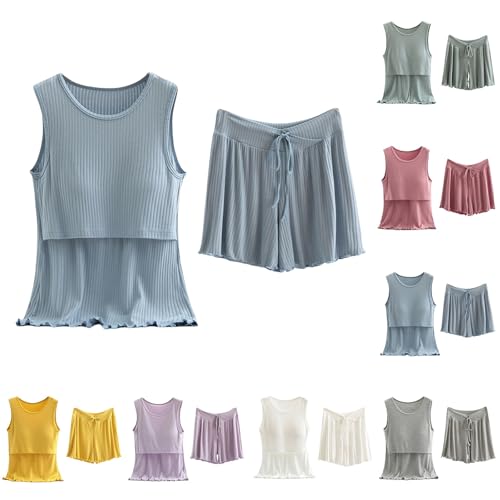 Cómodo pijama de lactancia para mujer, de algodón, pijama corto, sin mangas, camiseta de lactancia + pantalón, pijama de maternidad de dos piezas, función de lactancia, pijama corto, ropa de dormir