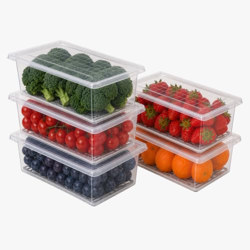 Image of Fridge Organizer with Removable Drain Plate and Secure-Sealing Lids, Fridge Storage Boxes for Fresh Fruits and Vegetables, Food Container Box Set (5)