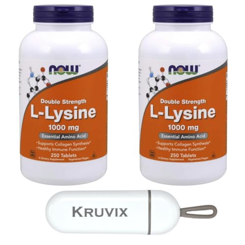 NOW Foods Supplements, L-Lysine (L-Lysine Hydrochloride) 1,000 mg | Double Strength, Amino Acid | 250 Tablets - Pack of 2 with Pill Organizer