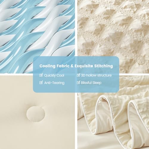 Cozy Bliss Cooling Comforter Seersucker Plaid Queen, Q-Max 0.4 Reversible Lightweight Cooling Blanket, Breathable Silk Smooth Summer Bedding Quilt for Hot Sleepers Night Sweats Khaki